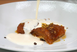 Alex’s caramelized pear tart with dark chocolate and custard on Masterchef UK