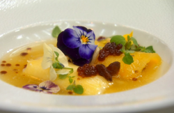 Lyndsay’s pineapple cannelloni with a ricotta filling and pineapple soup with edible flowe ...