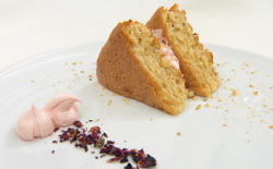 Sharon’s  Rose and cardamom cake with Rose cream and pistachios on Masterchef