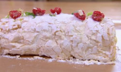 Nosheel and James lime, raspberry and vanilla Meringue roulade dessert on Chopping Block