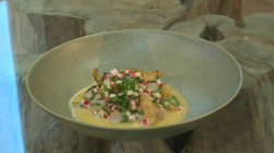 Tommy Banks Scallop and rhubarb  with Jerusalem artichoke on Saturday kitchen