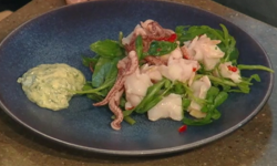 John Torode’s grilled squid with spiced mayonnaise dipping sauce on Saturday Kitchen