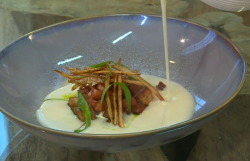 Lisa Allen’s wild garlic soup with bacon-fat potatoes and sour cream on Saturday kitchen