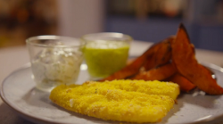 Simon Rimmer’s fish and chips with sweet potato wedges and mushy peas on Eat the Week with ...