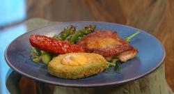 Stephen Terry’s crispy chicken thighs with avocado and asparagus on Saturday Kitchen