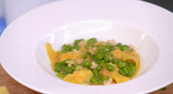 Amandine’s langoustine ravioli with peas and beans on Yes Chef