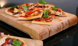 Matt Tebbutt’s chicken and roast vegetable pizza planks on Save Money: Good Food