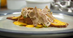 Paul Ainsworth pumpkin pie with maple bacon and white shuffle on Masterchef 2017 UK