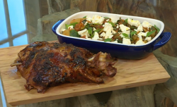 Matt Tebbutt Greek roast shoulder of lamb with braised vegetables, oregano and feta cheese on Sa ...