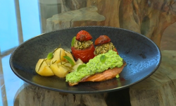 Eleonora’s salmon fillets with broad bean puree, stuffed tomatoes and potatoes on Saturday ...