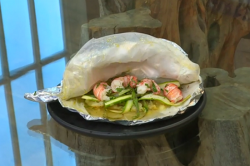 Tony Singh’s en papillote of langoustines, asparagus with honey and Jersey Royal potatoes  ...