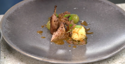 Galton Blackiston’s roasted quail with pickled grapes and cauliflower  on Yes Chef