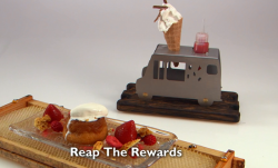 Ryan Simpson’s Reap The Rewards dessert with honey sponge, strawberry sauce and ice cream  ...