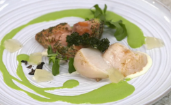 Frances Atkins hot smoked salmon with kale, truffle scallop and bergamot on Yes Chef