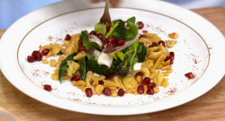 Frances Atkins German spaetzle pasta with pomegranate on Yes chef