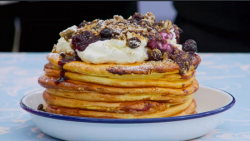 Liam’s stockin Sunday cake with banana sponge and blueberry compote on The Great British B ...