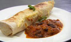 Julia’s burritos with kidney beans, peppers rice and Cajun tomato sauce on Celebrity Maste ...