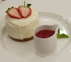 Angellica Bell’s vanilla cheesecake with strawberry and basil coulis on Celebrity Masterch ...