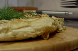 Loulla’s Greek chicken pie in a frying pan on Nigel and Adam’s Farm Kitchen