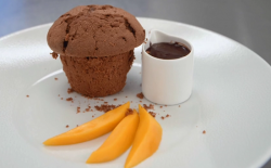 Barney’s chocolate muffin with mango and chocolate sauce dessert on Celebrity Masterchef 2017