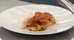 John Torode’s hash brown, crispy bacon and poached eggs breakfast on Celebrity Masterchef 2017