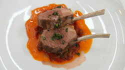 Henri Leconte lamb rack with peppers, garlic, basil  and tomato sauce dish on Celebrity Masterch ...