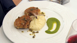 Angellica’s lamb cutlets with a caper butter, mash and pee puree on Celebrity Masterchef 2017