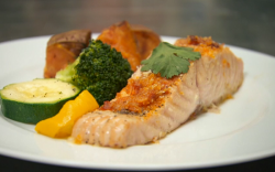 Debbie and Rachael’s salmon with tomato and breadcrumbs topping dish on Celebrity MasterCh ...