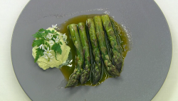 Dev’s asparagus in lovage  oil and goat’s curd starter on Celebrity Masterchef 2017