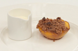 Ulrika Jonsson’s baked peaches with crushed amaretti biscuits dessert on Celebrity Masterchef 2017