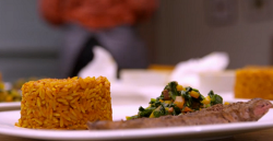 Tosin and Genevieve’s beef suya with jollof rice and spinach sauce on My Kitchen Rules