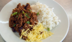 Ulrika and Barney’s beef chilli with rice and grated cheese on Celebrity Masterchef 2017