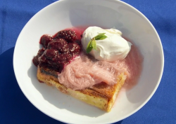 Blue team’s brioche bread and butter pudding with rhubarb and blueberry compote desert on  ...