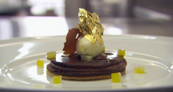 Angellica Bell’s chocolate sponge and mousse on olive oil biscuits with ice cream dessert  ...