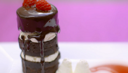 Shabana and Farzana’s chocolate and raspberry gateau tower dessert on My Kitchen Rules