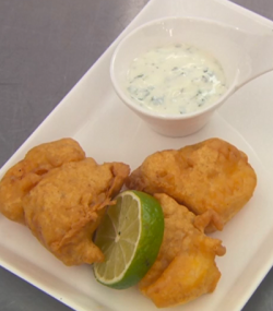 Abdullah Afzal’s cod pakoras with mint coriander chutney dish on Celebrity Masterchef 2017