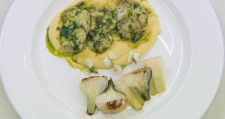 Dev’s cod tongue with wild garlic sauce main course on Celebrity Masterchef 2017