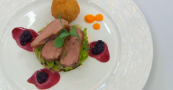 Angellica Bell’s duck breast on a bed of hispi cabbage with croquette potato and red wine  ...