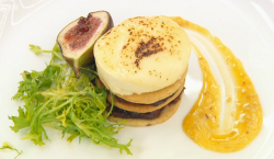 Angellica Bell’s Parmesan pastry tart layered with fig and onion relish served with a sesa ...