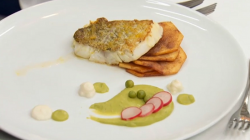 Barney’s fish and chips with peas and gravy on Celebrity Masterchef 2017