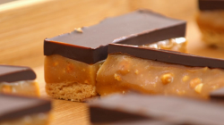 Liam’s salted peanut butter millionaire shortbreads on The Great British Bake Off