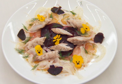 Ulrika Jonsson ‘s smoke mackerel with fennel, beetroot and raspberry vinaigrette starter o ...