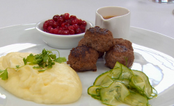 Ulrika Jonsson ‘s Swedish meatballs with mashed potatoes, lingonberry and pickled cucumber on Ce ...