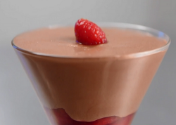 Brian’s chocolate mousse with a raspberry coulis dessert on Celebrity Masterchef 2017