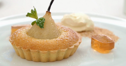 Angellica Bell’s pear bourdaloue with a cinnamon  poached pear in a frangipane pastry tart desse ...