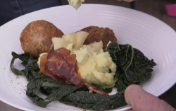 Dick Strawbridge’s bath chaps pig cheeks with leek and potato mash on The Hungry Sailors