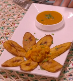 Tosin and Genevieve’s dodo fried plantain and prawns with homemade chilli sauce starter on ...