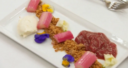 Lesley Garrett’s deconstructed rhubarb crumble dessert on Celebrity Masterchef 2017