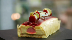 Sophie’s raspberry, yuzu and white chocolate Bunche trifle terrine on The Great British Ba ...