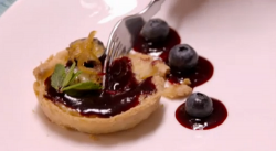 Yee Kwan and Natalie’s yuzu tart with blueberry coulis on My Kitchen Rules